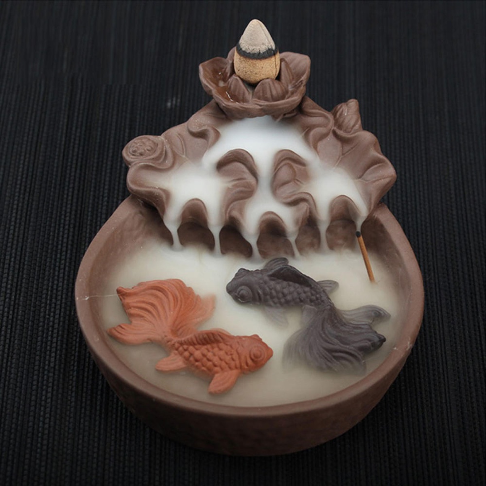 Porcelain Backflow Cone Incense Burner Buddha Ceramic Buddhist Sandalwood Holder Fish Decor - Image 2