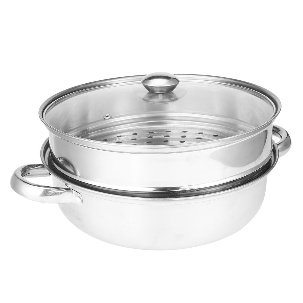 2 Tier 27.5cm Stainless Steel Food Steamer Pot Pan Vegetable Cooker Glass Lid - Image 2