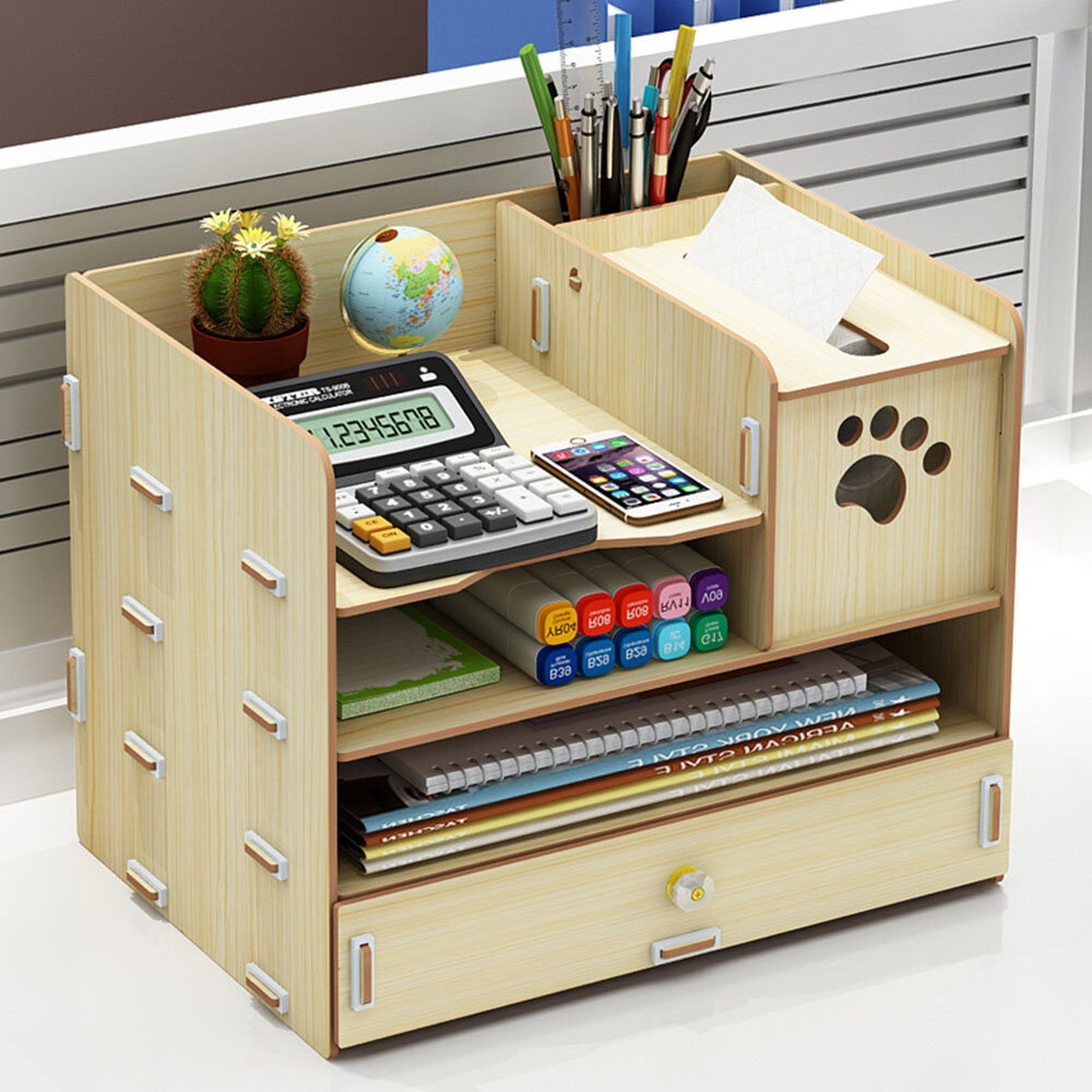 32.5x22.5x26cm Pencil Pen Holder Storage Box Rack Desk Stationery Density Plate Desktop Organizer - Brown - Image 2