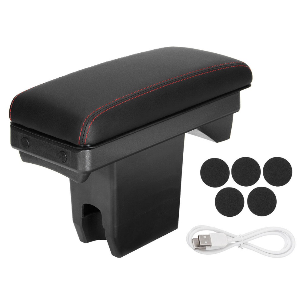 Leather Car Armrest Console Center Arm Rest Box Cover Cushion with Charger Port for Peugeot 2008 301 2017-2018/Citroen C3-XR - Red