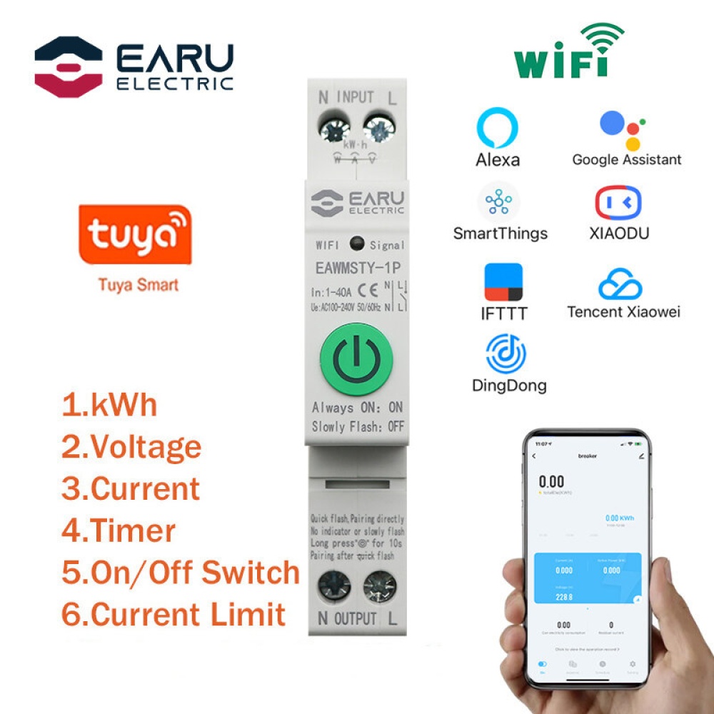 EARU 1P+N/2P Tuya Smart Circuit Breaker WIFI Smart Energy Meter Din Rail Power Consumption kWh Meter Timer Switch Relay Voltmeter Works With Alexa Go