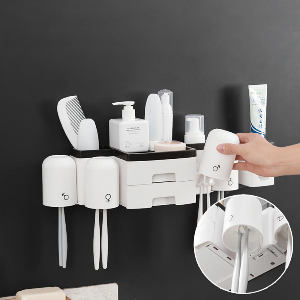 Kitchen Shelf Toothbrush Rack Hole-free Mouthwash Cup Bathroom Wall-mounted 2 Drawers Toothbrush Receptacle Rack + Toothpaste Extruder - #1 - Image 2