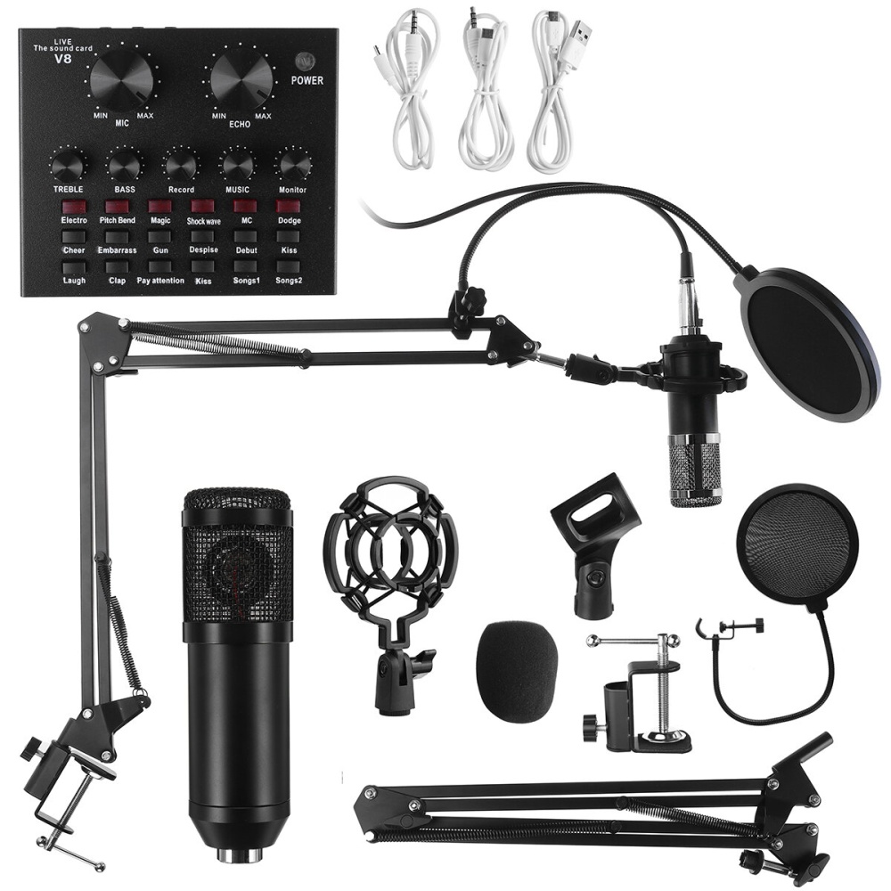 Bakeey 9in1 Condenser Microphone Kit Live Sound Card Microphone Stand Shock Mount Professional Mic Set for Broadcast Singing K Songs - Black - Image 2