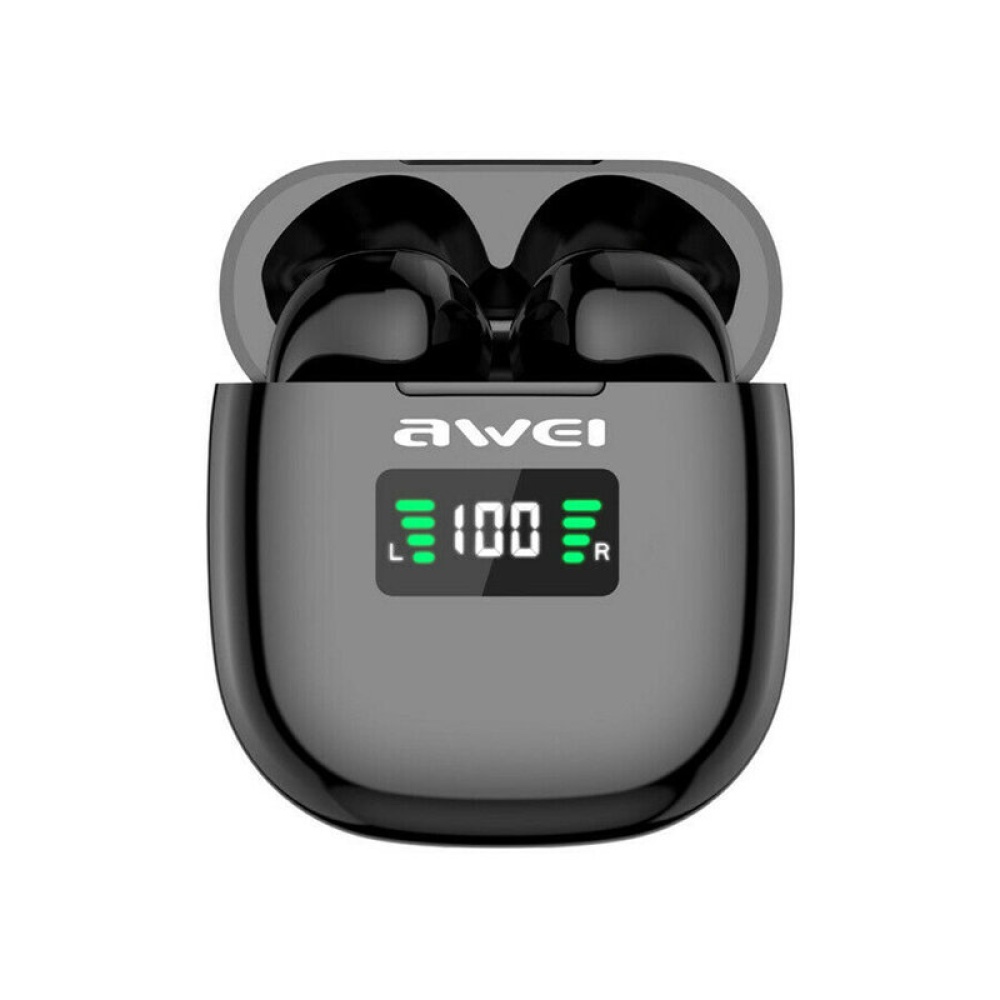 Awei T19P TWS bluetooth 5.0 LED Display Earbuds Headphones Stereo Touch Control Waterproof Headset With Mic - Black