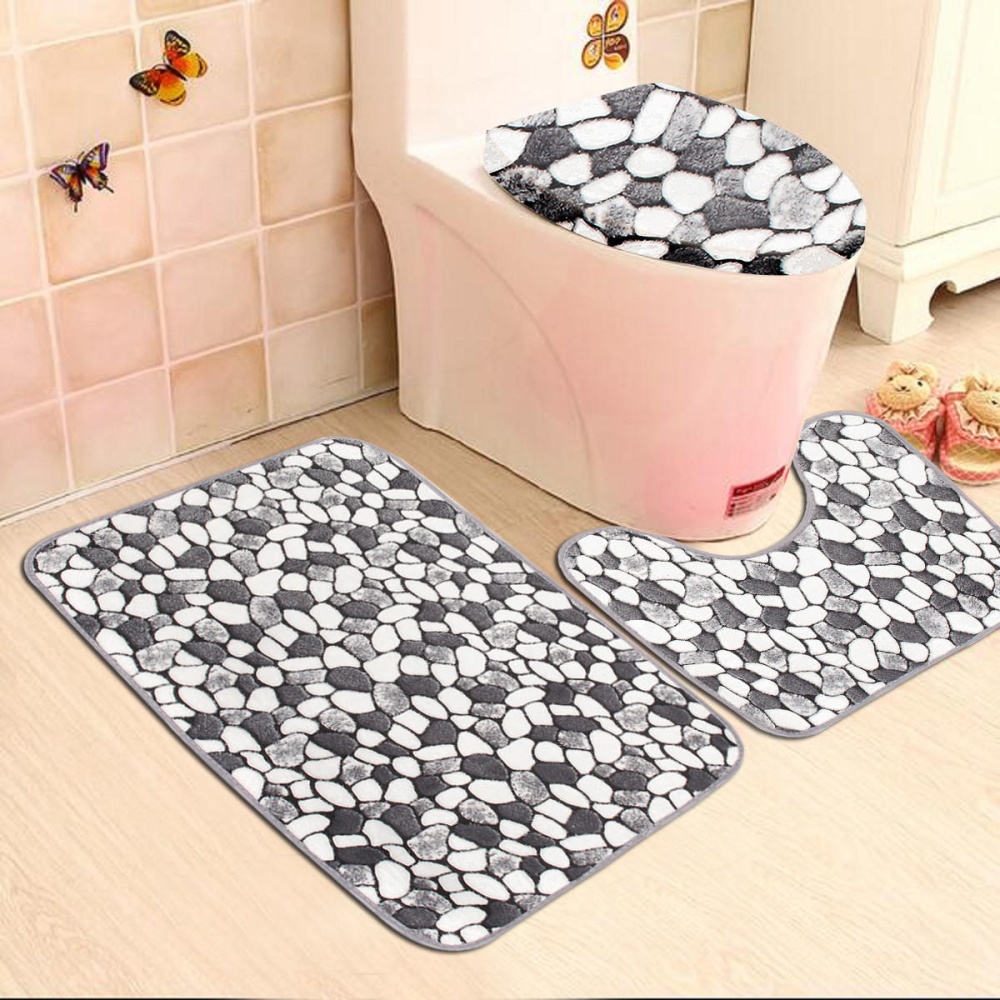 3Pcs Stone Pattern Washable Anti-Slip Soft Bathroom Pedestal Rug Toilet Lid Cover Bathroom Floor Mat Set - Image 2