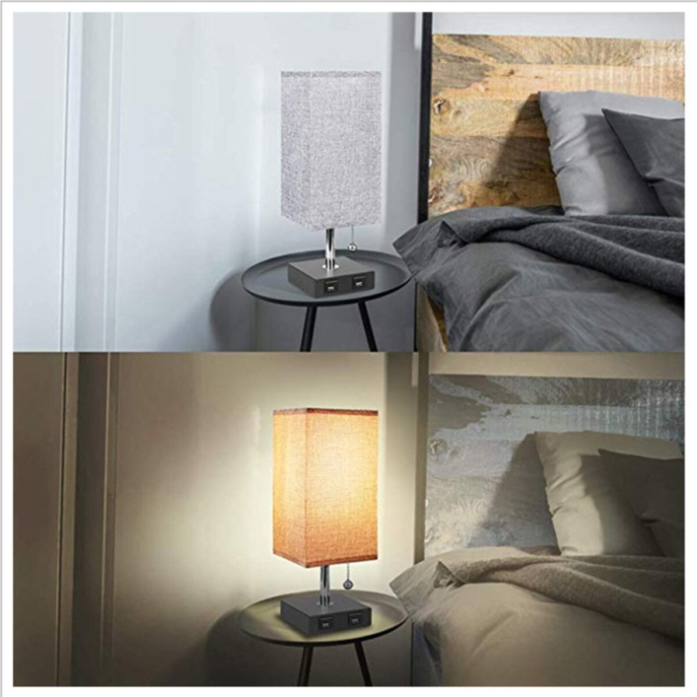 Bedside Table Desk Lamp With 2 USB Charging Ports & 2 AC Outlets Fabric Shade - Image 2