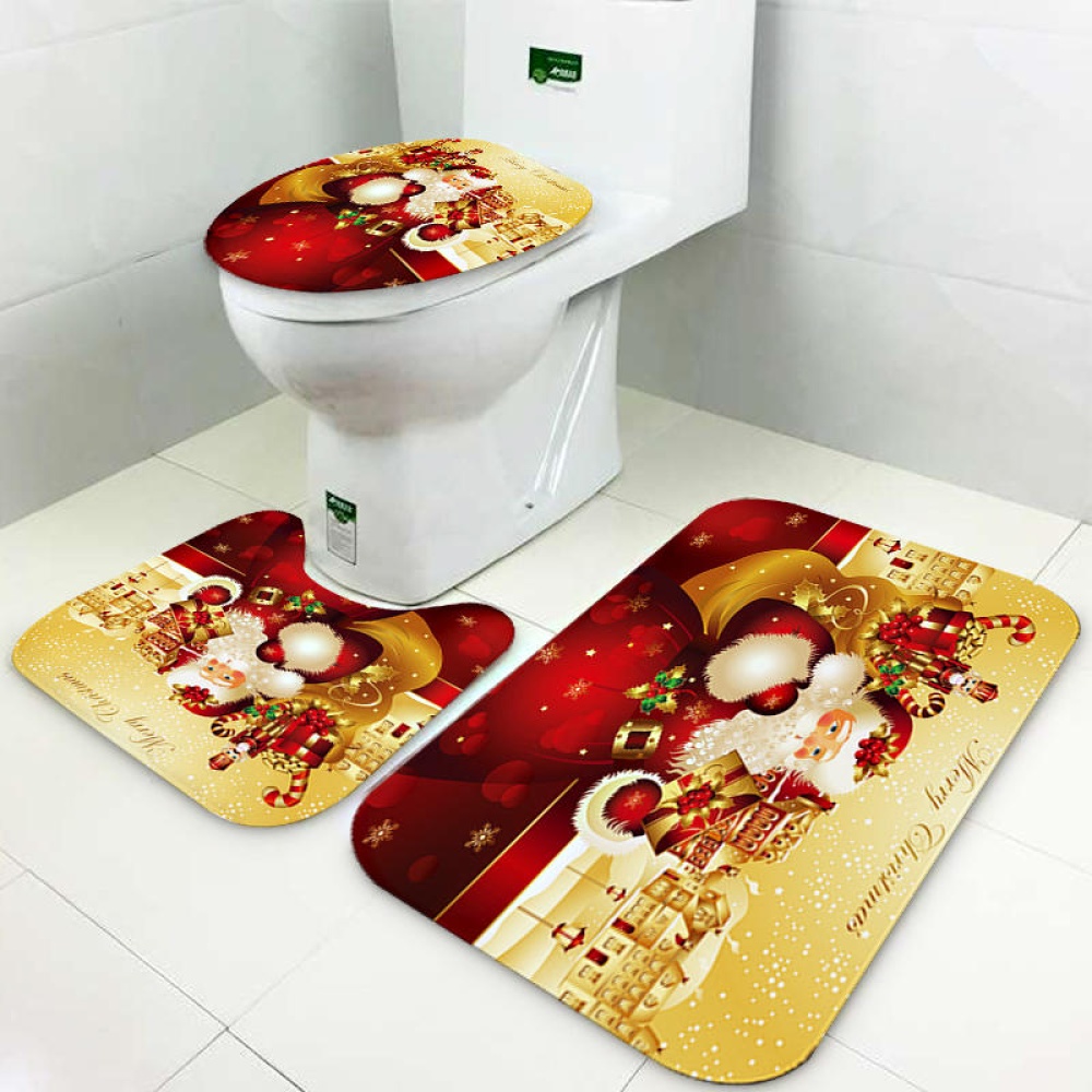 Santa Claus Waterproof Bathroom Toilet Seat Covers Mats Non-Slip Rugs Bath Mats Set Print Home Decor - Image 2