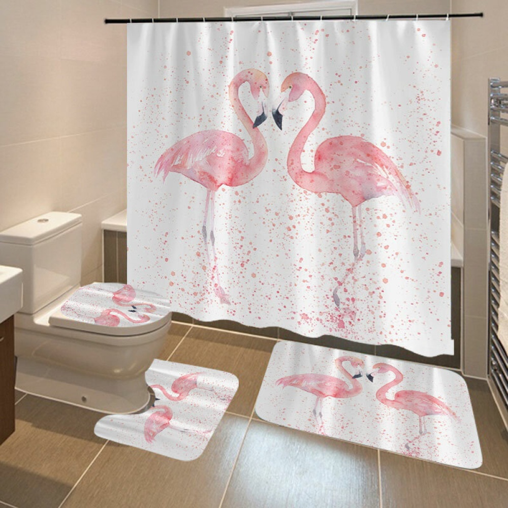 1/3/4Pcs 3D Flamingo Waterproof Shower Curtain Waterproof Toilet Cover Non-slip Mat 3pcs Toilet Bathroom Decor - #3 - Image 2