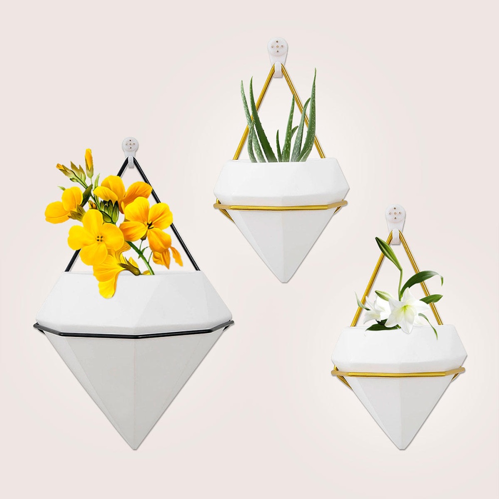 Hanging Basket Nordic Geometric White Ceramic Wall Hanging Flower Pot Hydroponics Family Plant Potted - #1