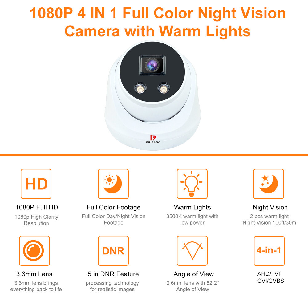 Pripaso 4 in 1 TVI/AHD/CVI Camera 1080P Wide View Mini Dome CCTV Camara Night Vision 3.6mm Lens Analog Camera for Home - Image 2