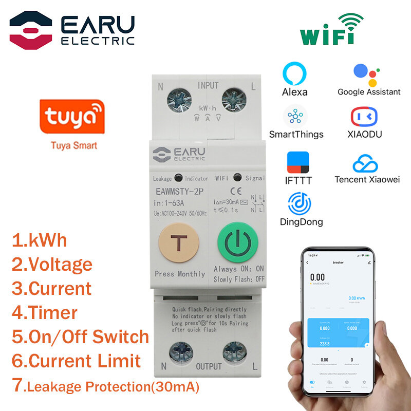 EARU 1P+N/2P Tuya Smart Circuit Breaker WIFI Smart Energy Meter Din Rail Power Consumption kWh Meter Timer Switch Relay Voltmeter Works With Alexa Go - Image 2