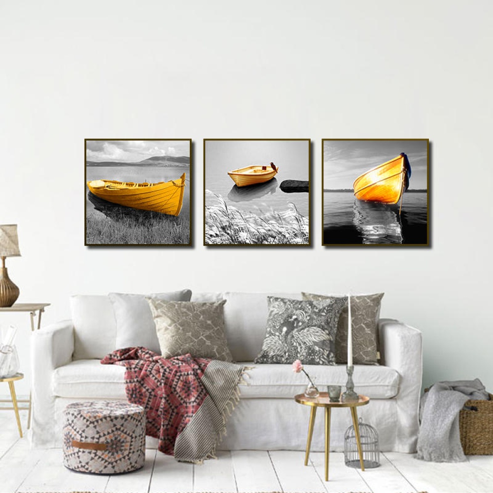 Miico Hand Painted Three Combination Decorative Paintings Yellow Boat Wall Art For Home Decoration - Image 2