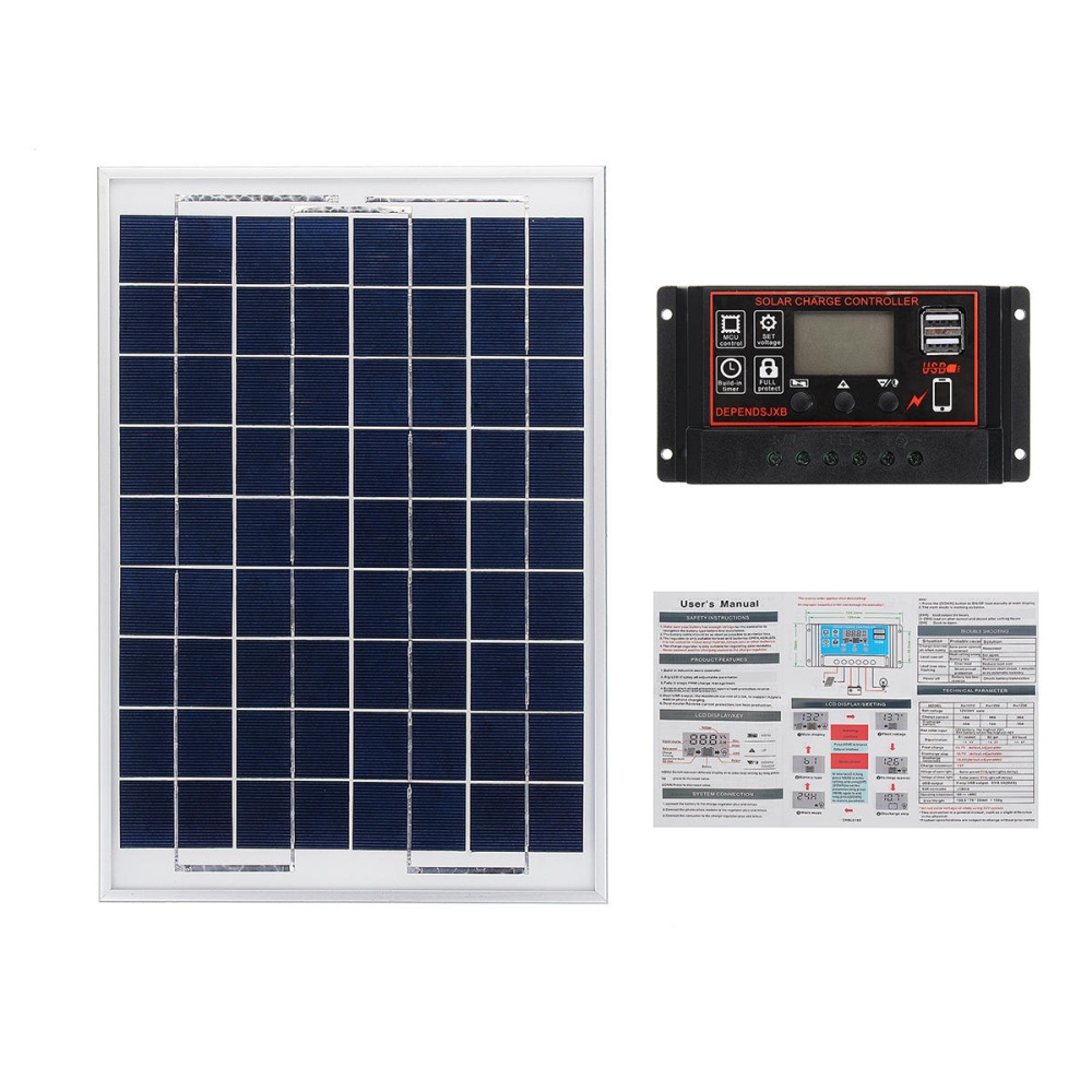 DEPENDSJXB 18V 20W Class A Polysilicon Solar Panel + 12V/24V 10~60A PWM Solar Controller with LCD Display Kit - 20A