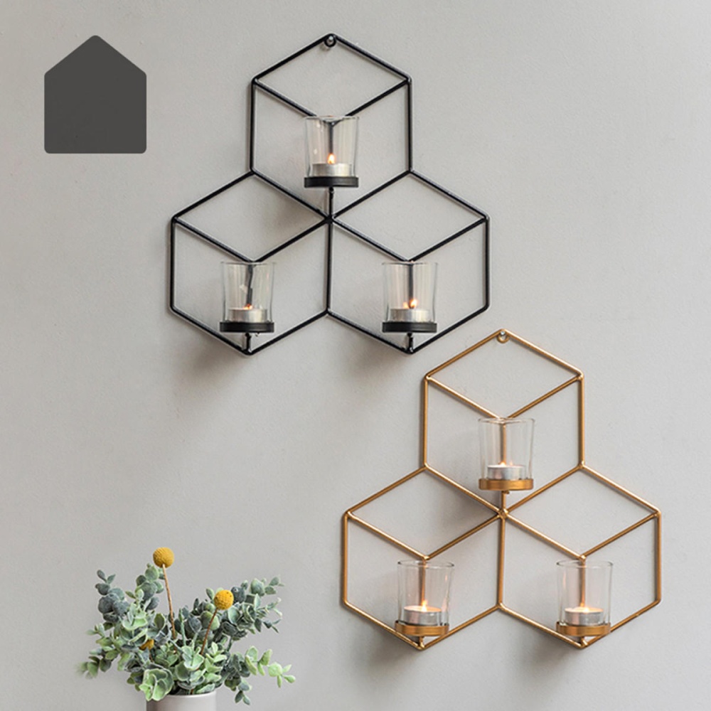 3D Geometric Nordic Style Candle Holder Iron Candlestick Handmade Wall Art Room Home Decor - Gold - Image 2