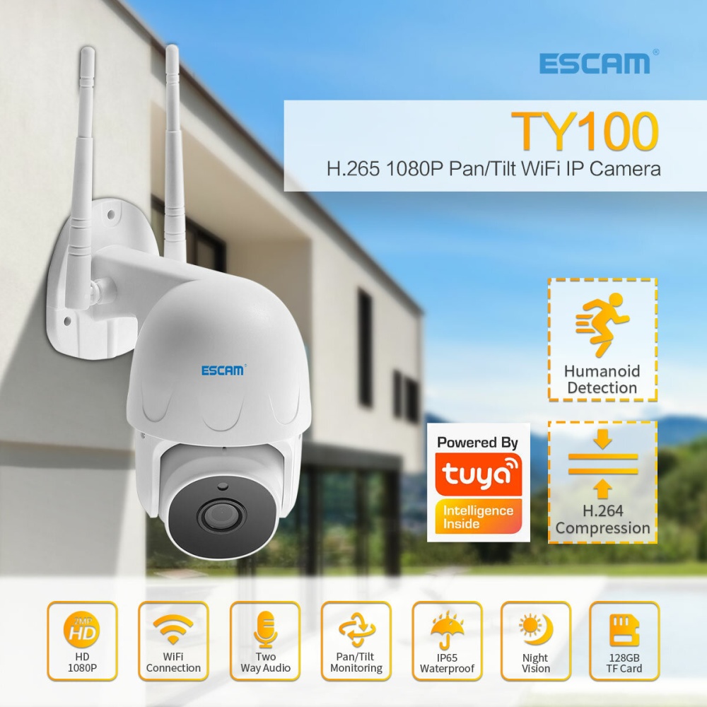 ESCAM TY100 Tuya H.265 WiFi IP Camera 1080P Pan/Tilt Outdoor Two Way Audio Voice Alarm Wifi Camera Waterproof Night Vision Surveillance - US Plug - Image 2