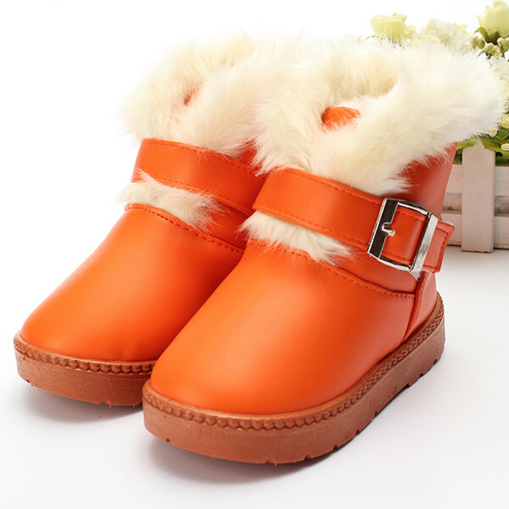 Baby Children Fur Snow Ankle Boots Waterproof Leather Shoes - 18-24M Orange - Image 2