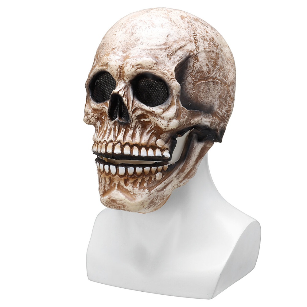 Full Head Skull Mask Helmet with Movable Jaw Halloween Party Prop Latex Headgear - White