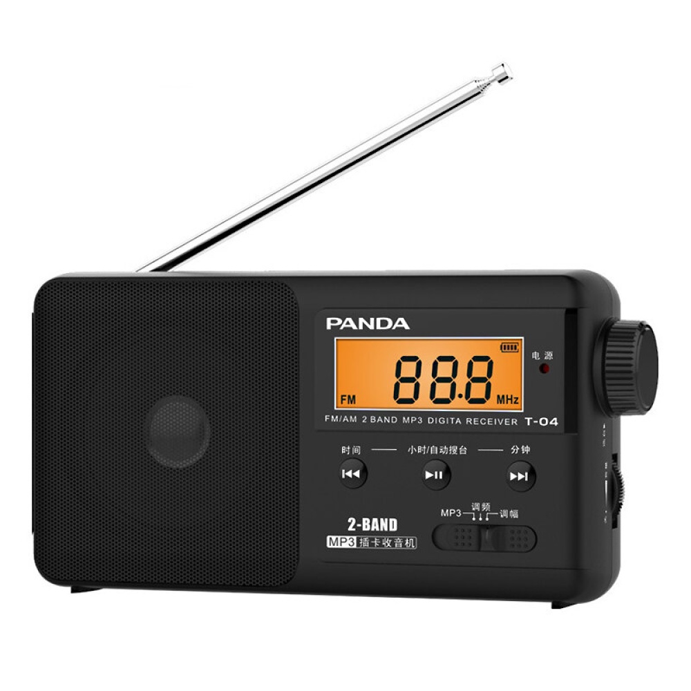 Panda T-04 FM AM Two Band Radio Semiconductor Portable Radio Support TF Card MP3 Player - Black