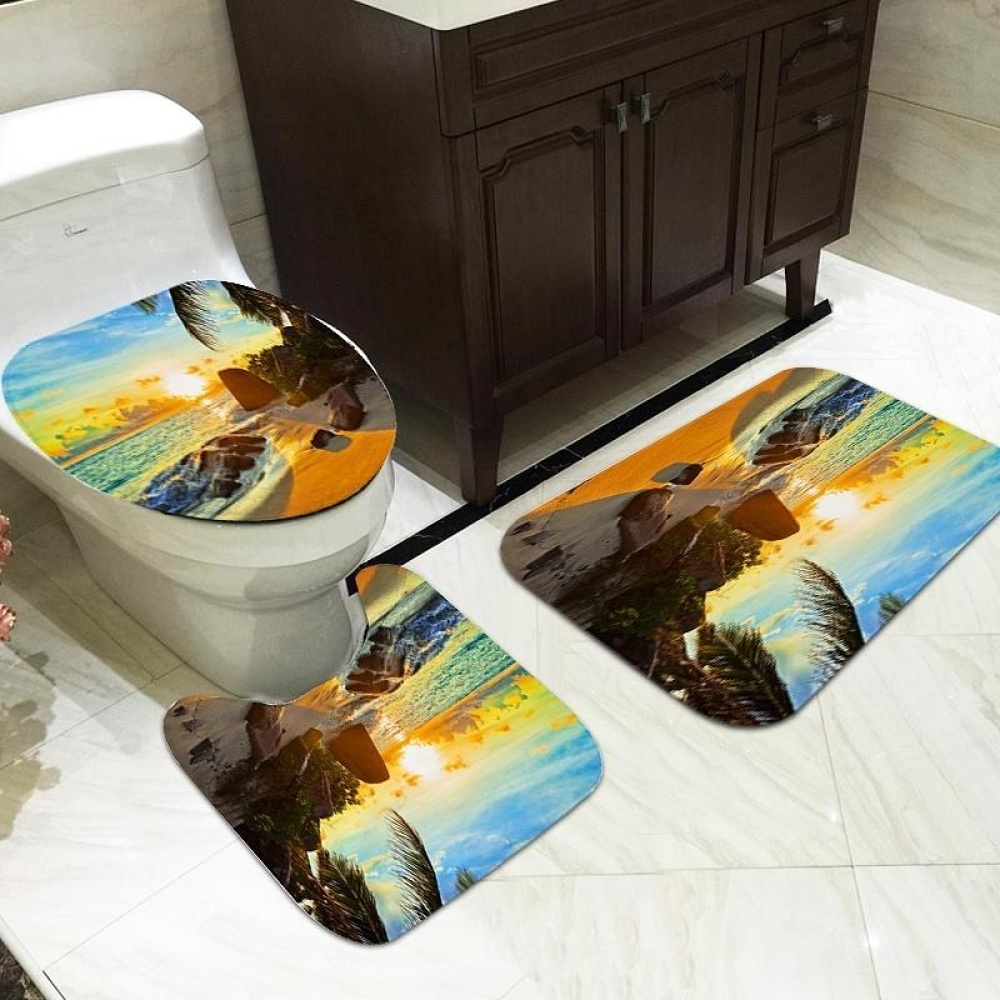 Beach Shower Curtain Waterproof Bathroom Suit Sunset Beach Printing Bath Curtain Non-Slip Floor Carpet Rug Lid Toilet Cover Set - #3 - Image 2