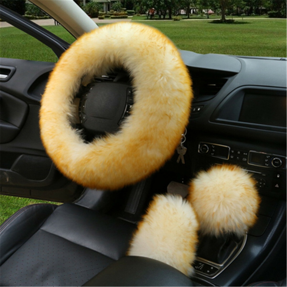 3Pcs Winter Furry Car Steering Wheel + Gear Knob Shifter Parking Brake Covers Set - Gold - Image 2