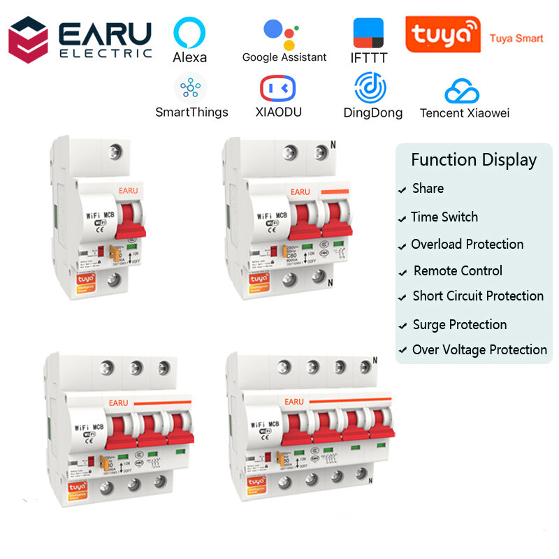 EARU Tuya WIFI Wireless Smart Automation Switch 1P 2P 3P 4P 10A-125A Circuit Breaker Timer APP Vioce Remote Control Switch Works With Amazon Alexa Go