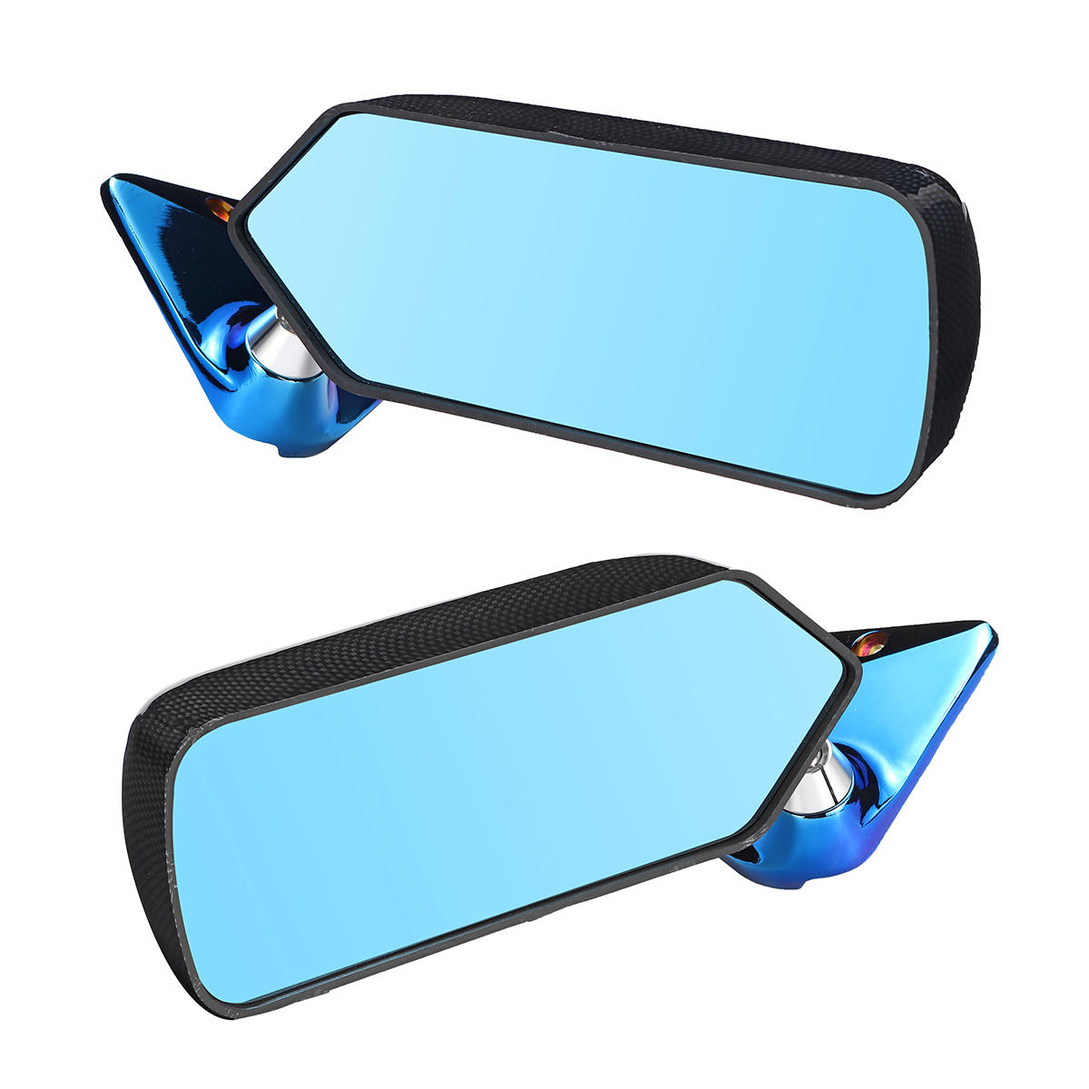 Pair Universal F1 Style Car Side Mirror Carbon Fiber Look Metal Bracket Cover with Blue Mirror Set - Image 2