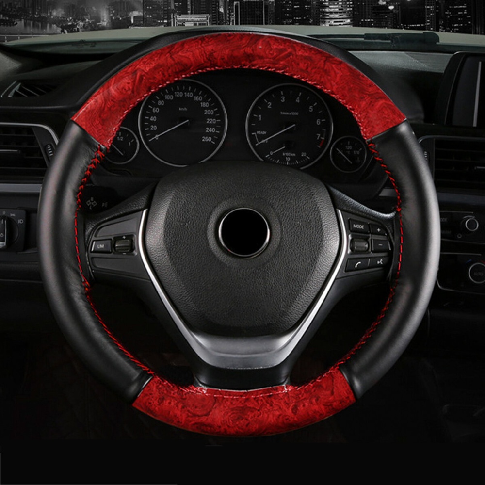 38cm Universal Car Steering Wheel Cover Wooden Leather Braid With Needles Thread - Red - Image 2