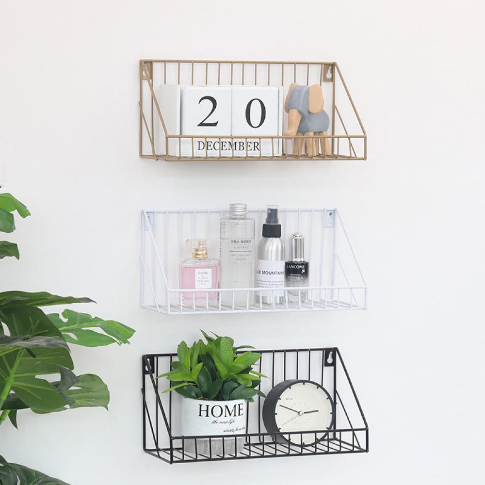 Wall Mounted Rustic Metal Wire Floating Storage Shelf Rack for Picture Frames Collectibles Decorative Items - L Black - Image 2