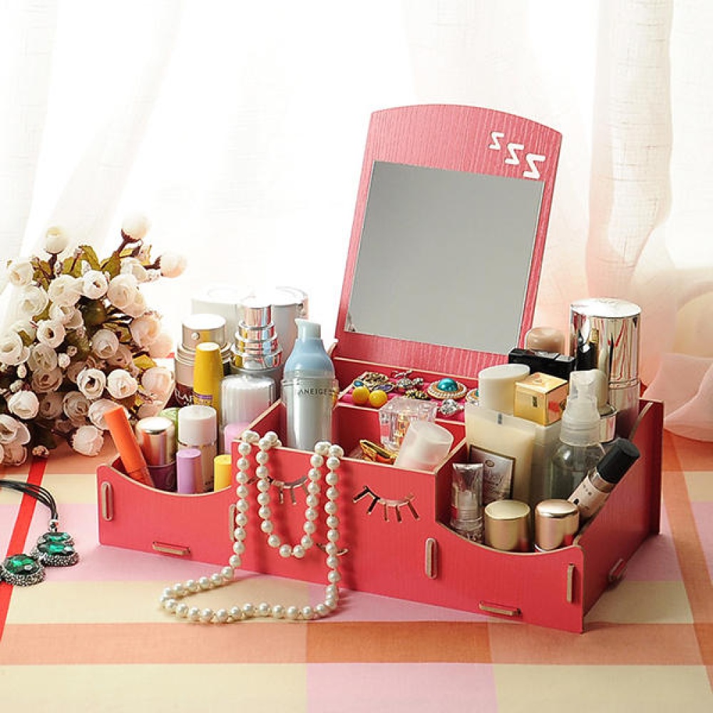 Creative Diy Wooden Cosmetic Storage Box Desktop Storage Container With Mirror Desktop Organizer - Watermelon Red - Image 2