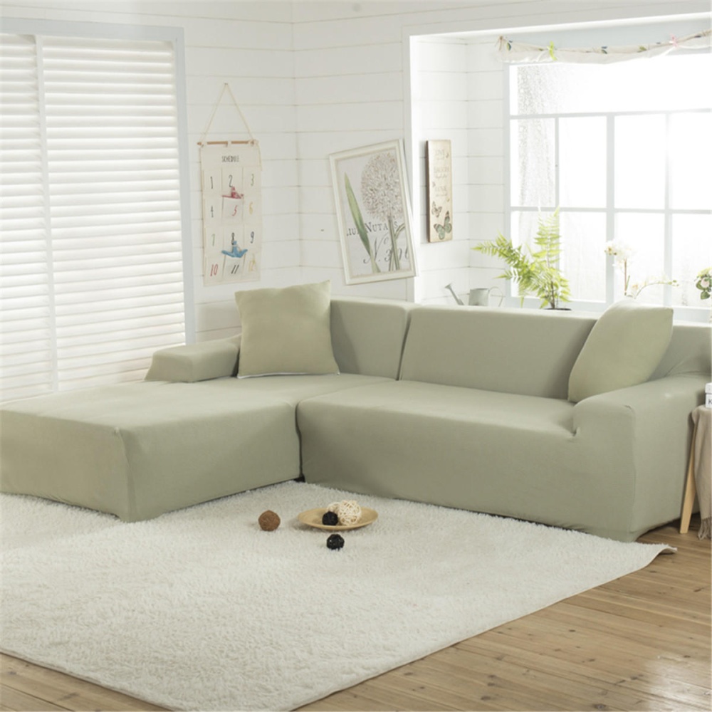 3 Seat L Shape Stretch Elastic Fabric Sofa Covers Elastic Sectional Corner Couch Slipcovers - Green - Image 2