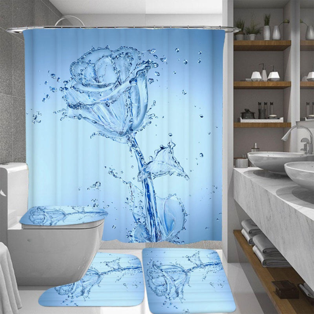 3D Printing Romantic Water Flower Waterproof Bathroom Shower Curtain Toilet Cover Mat Non-Slip Floor Mat Rug Bathroom Set - #3 - Image 2