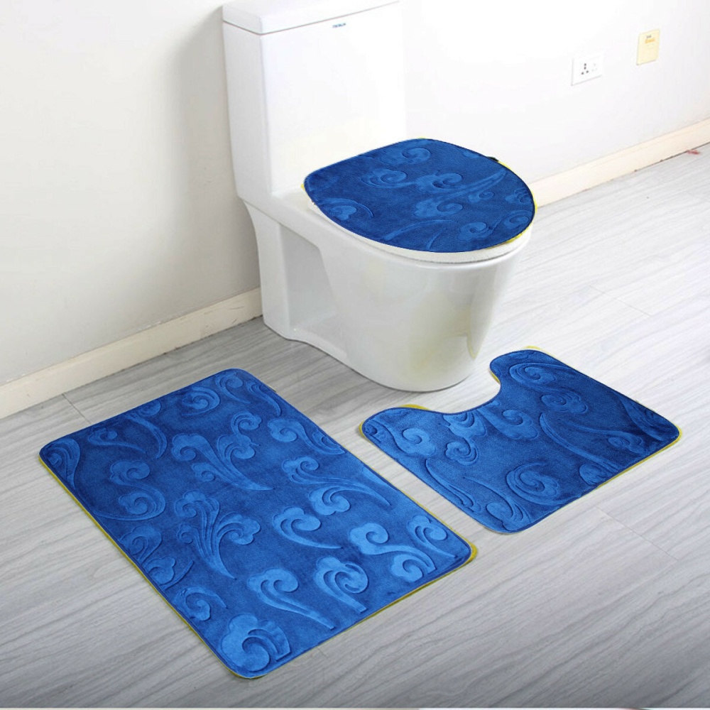 Luxury Foot 3 Piece Toliet Seat Covers Small Bath Mat Set Pedestal Mats Seat Covers Set Anti Slip - Blue