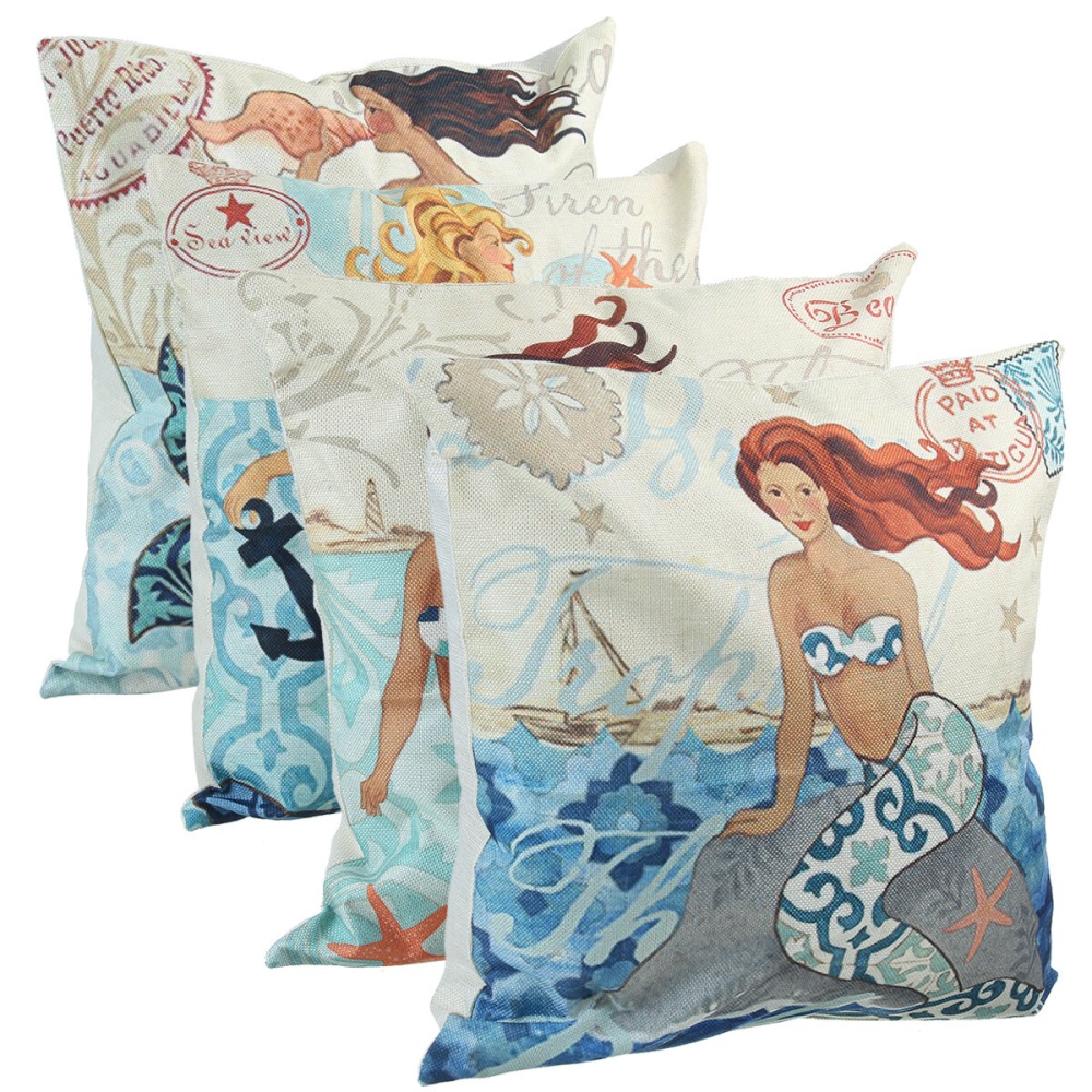 4pcs 45x45cm Pillow Covers Pillowcase Mermaid Print Square Cushion Linen Home Sofa Photography Props - Image 2