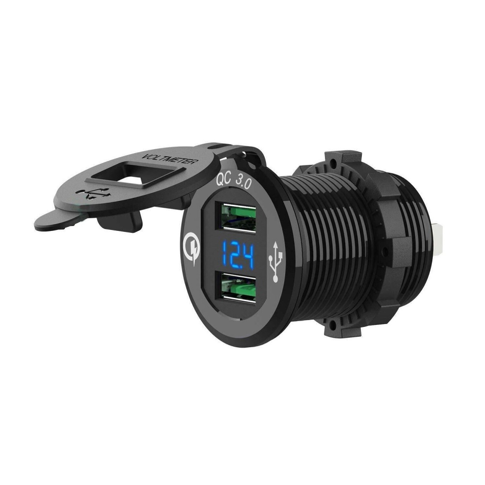 12V-24V QC3.0 Dual USB Quick Charger Socket For Automobile Car Boat Motorcycle Vehicle - Blue - Image 2