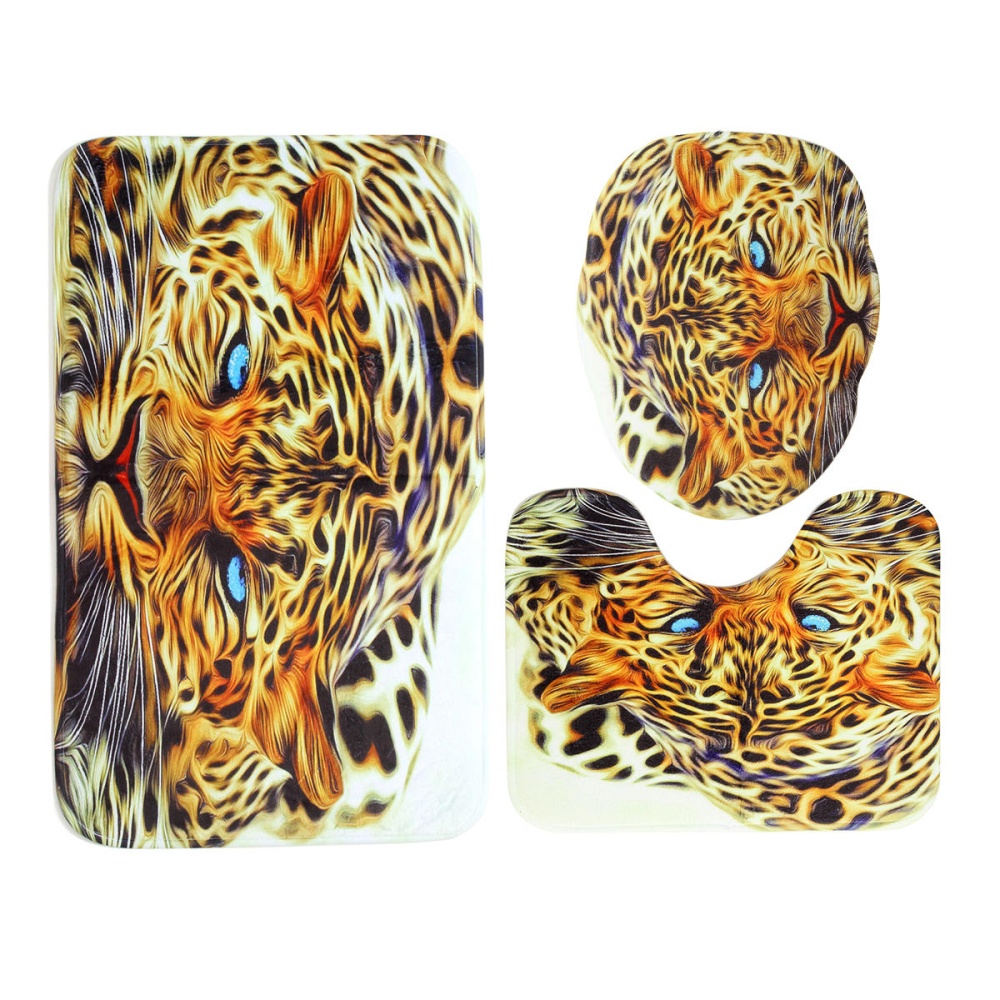 3PCS Leopard Panttern Home Bathroom Anti-slip Carpet Pad Rug Toilet Seat Covers Mat Set - Image 2