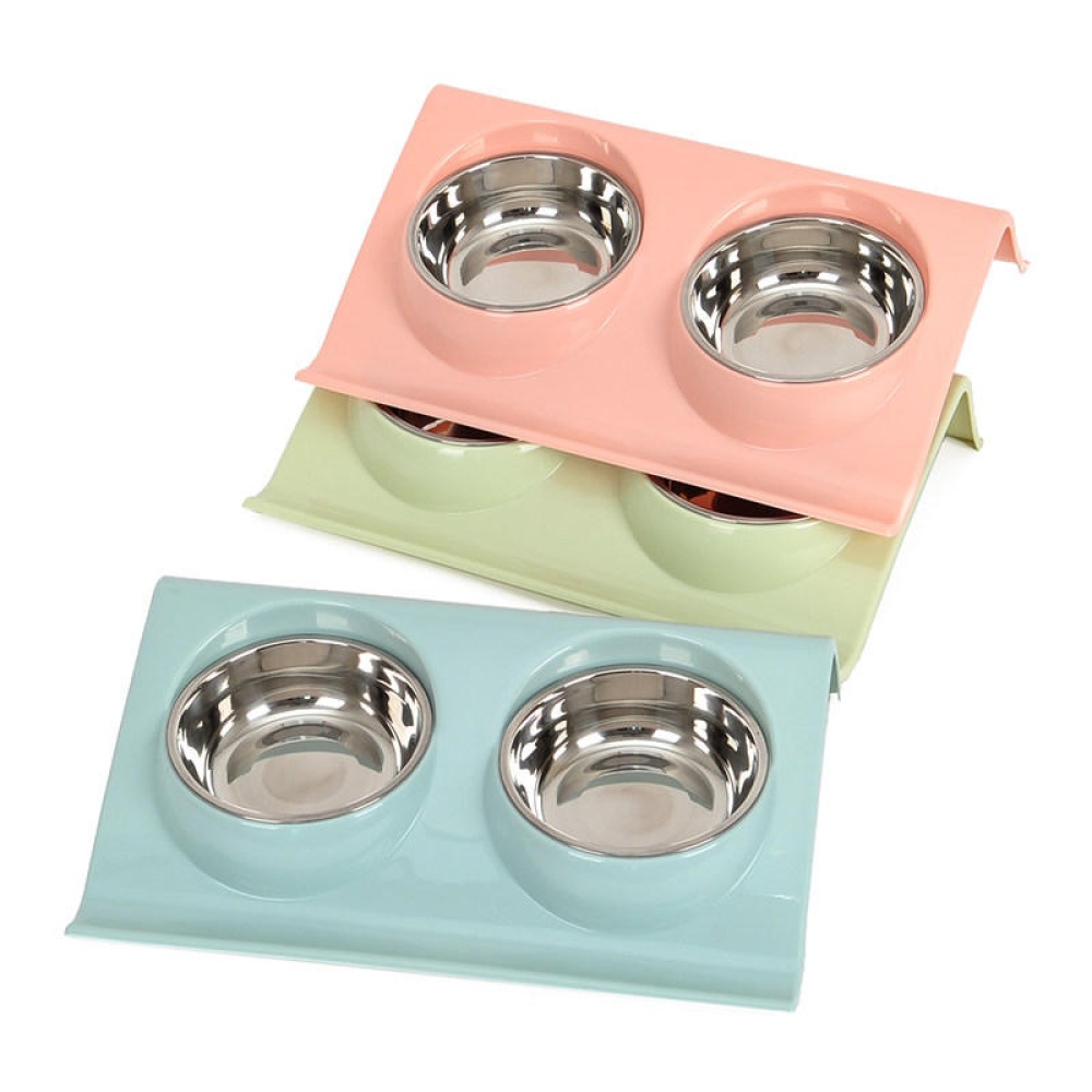 Oblique Design Anti-splash Stainless Steel Pet Cat Dog Double Feeding Bowl - Green - Image 2