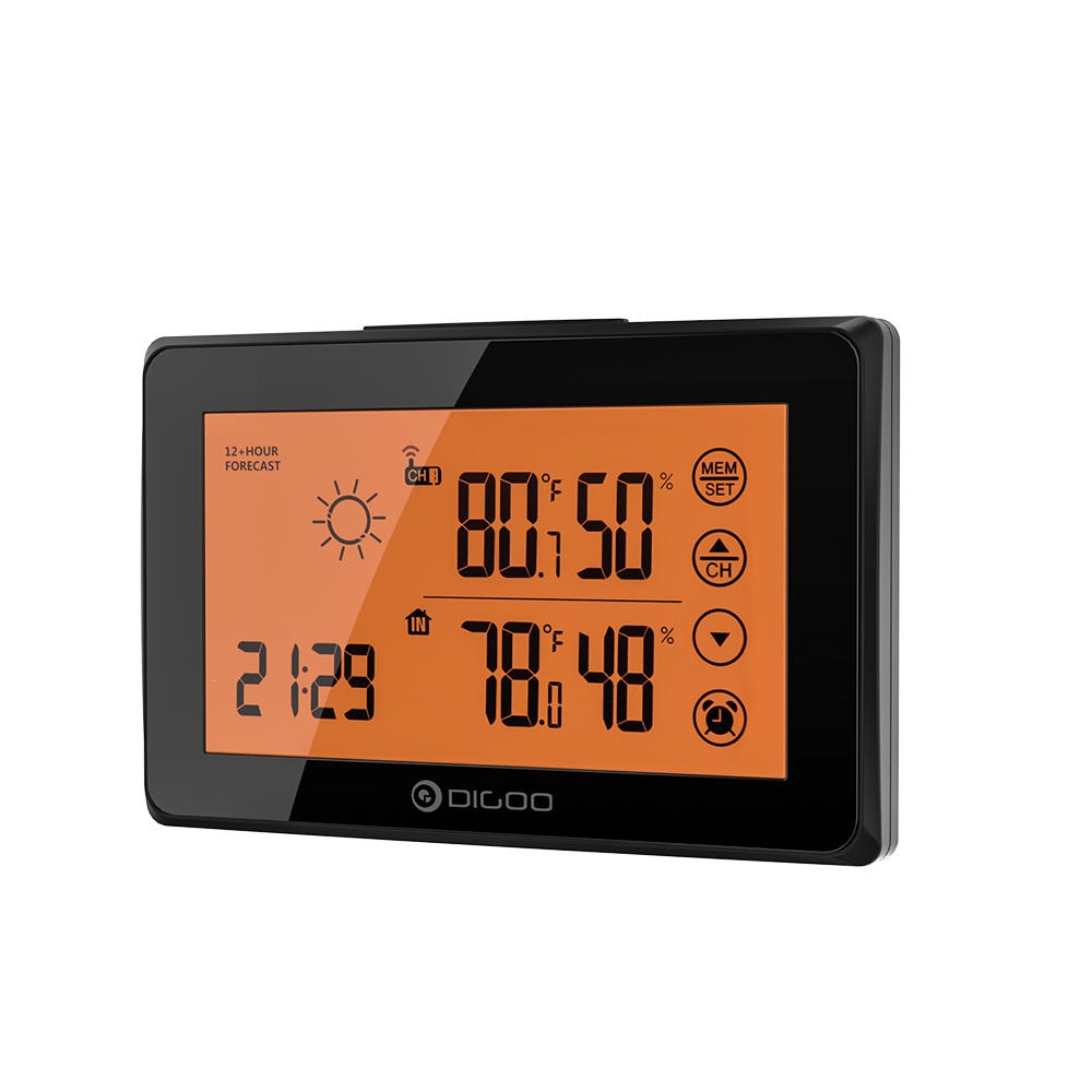 DIGOO DG-TH0340 Orange Backligt LCD Weather Station With Remote Sensor Alarm Clock Touch Screen 12/24h Wether Forecast Temperiture Humidity Alarm Clo - Image 2