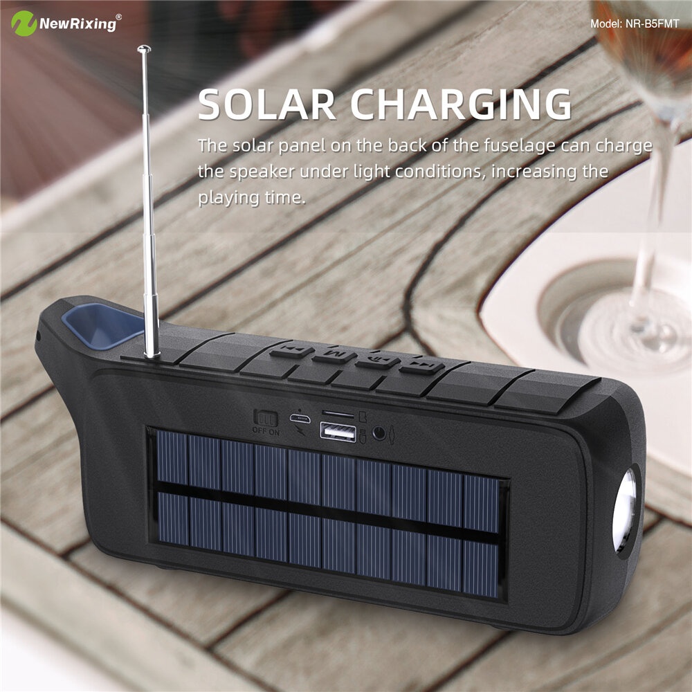 NewRixing NR-B5FMT Wireless bluetooth Speaker TWS Stereo Outdoor Speaker FM Radio Solar Charging Speaker with Flashlight - Black - Image 2