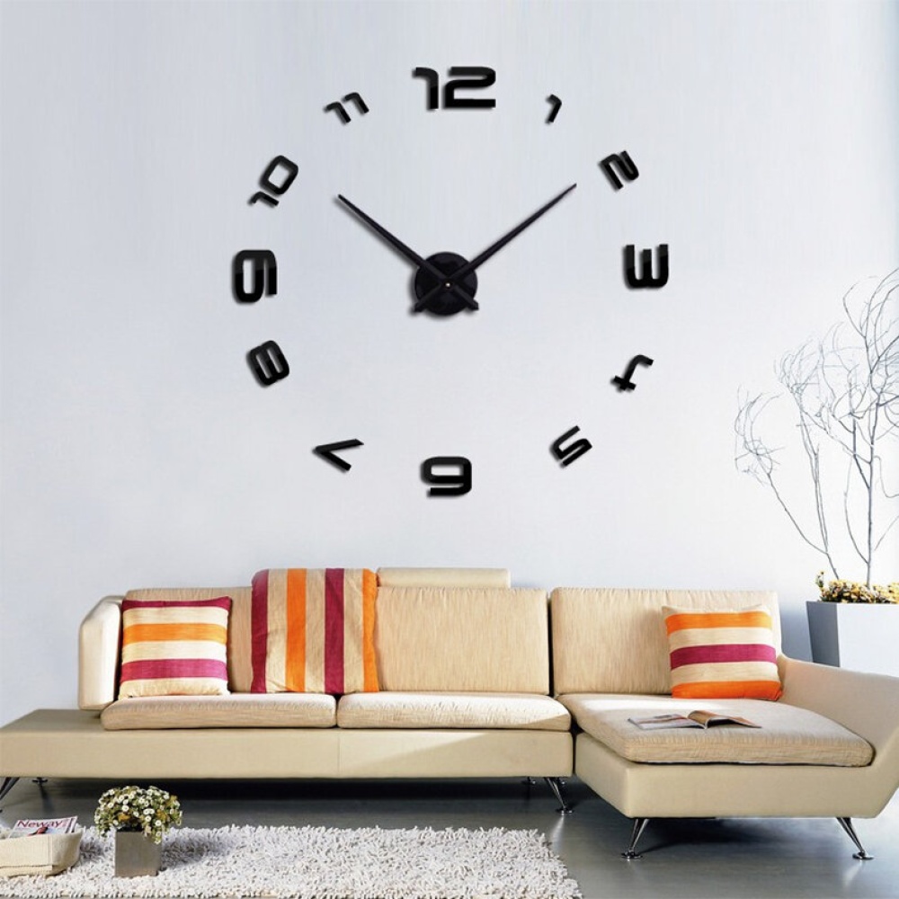 Large DIY 3D Wall Clock Home Decor Mirror Sticker Art Decorative Clock - Black