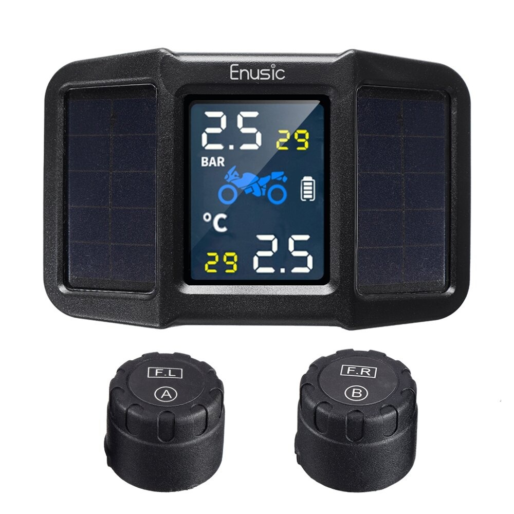 Enusic T400 Solar Power + USB TPMS Waterproof LCD Display Motorcycle Real Time Tire Pressure Monitor System Wireless WI External Sensor