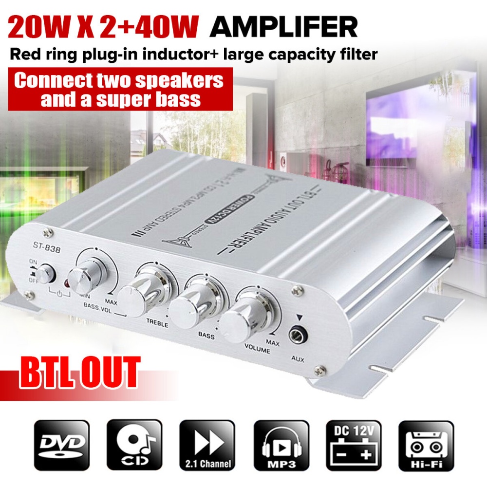 40W HiFi Amplifier 2.1 Channel Amplifier Super Bass DC 12V Large Capatity Filter Audio Amplifier for CD DVD MP3 Speaker - White - Image 2