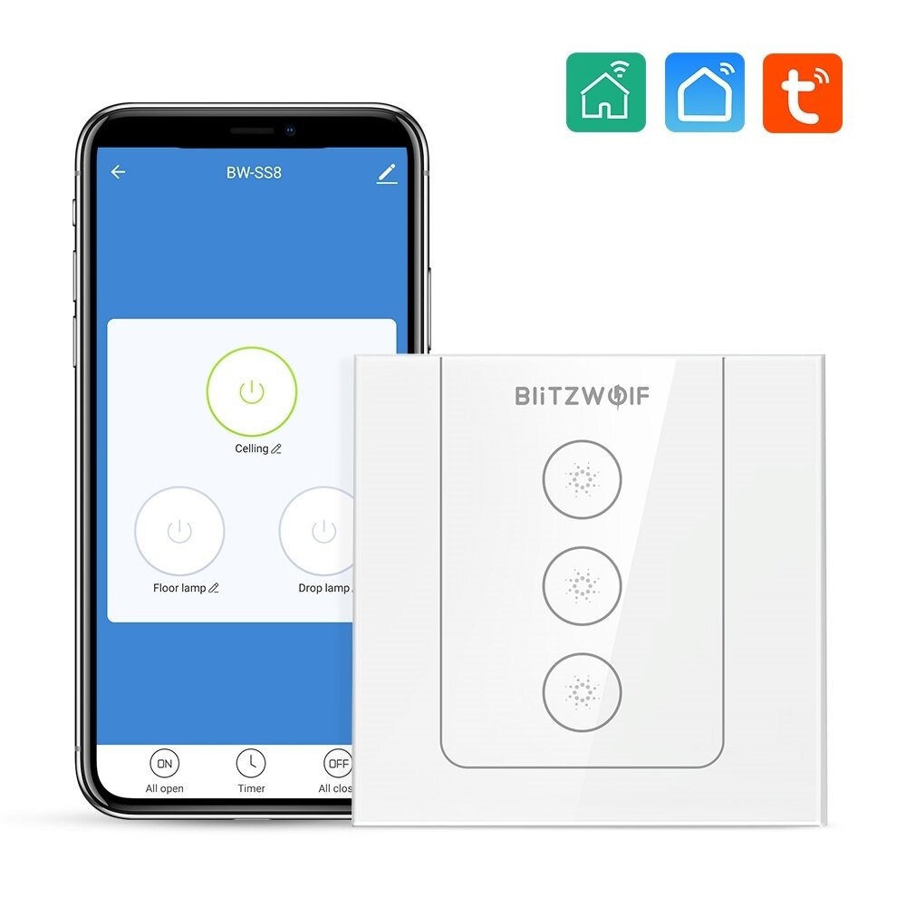 BlitzWolf® BW-SS8 Tuya 800W RF Wi-Fi Dual Mode Smart Light Touch Wall Switch 3 Way APP Remote Control Voice Control Timing Schedule Glass Touch Panel - Image 2