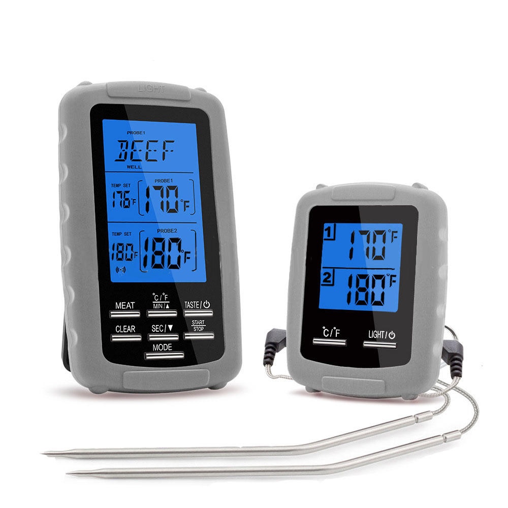 Digital BBQ Thermometer Kitchen Oven Food Cooking Grill Smoker Meat Thermometer with Probe and Timer Temperature Alarm - Grey - Image 2