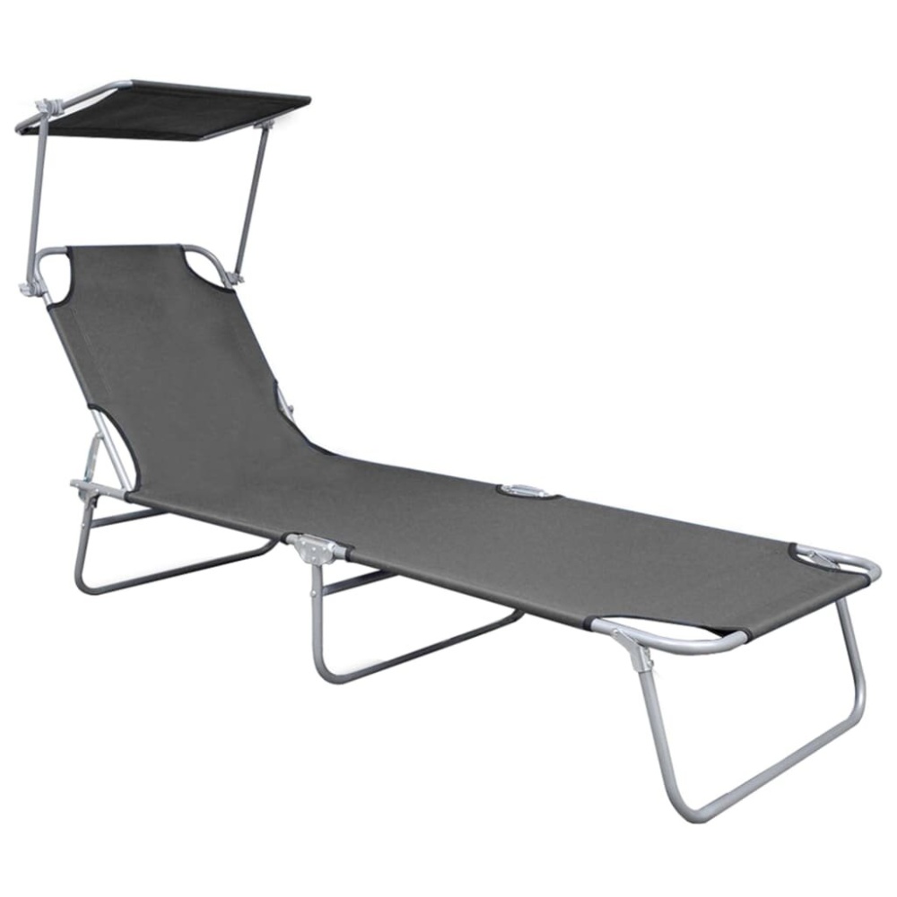 Folding Sun Lounger with Canopy Grey Aluminium - Image 2