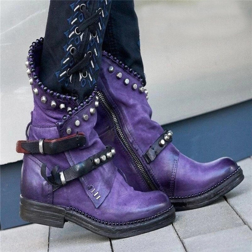 Women Vintage Rivet Motorcycle Ankle Boots Buckle Ladies Round Toe Horse-shoes Low-heeled - 39 Black - Image 2