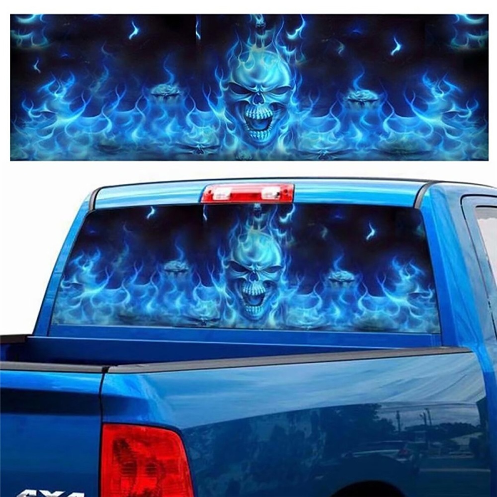 Car Window Sticker Wall Decal Waterproof PVC Blue Flaming Skull Truck Decor - S