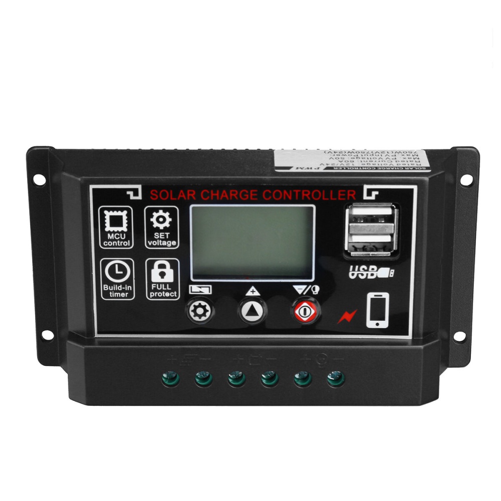 10A/20A/30A/40A/50A/60A 12V/24V Dual USB LCD Solar Panel Battery Regulator Charge Controller Black - 10A - Image 2