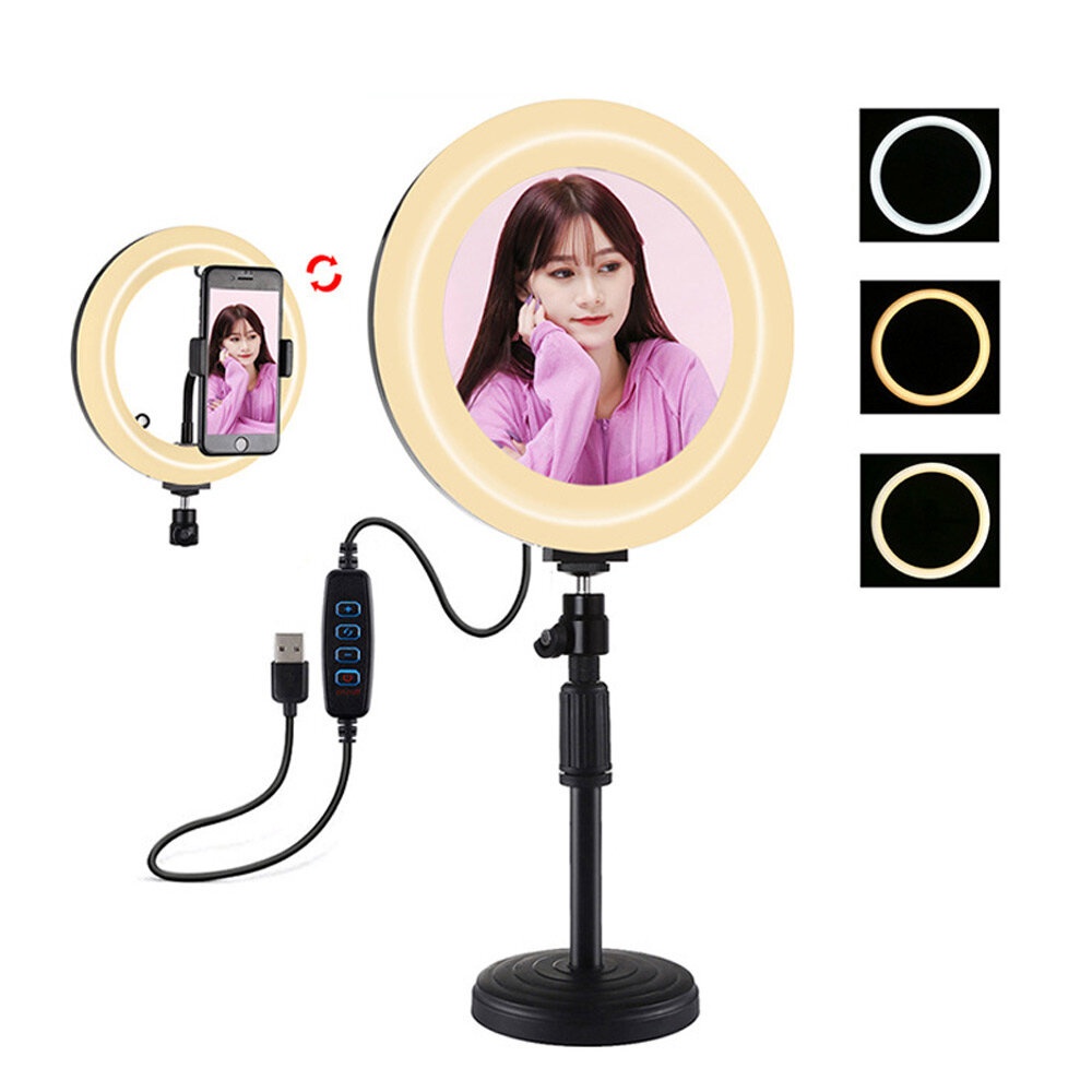 PULUZ PKT3079B 7.9 Inch 3 Modes Dimmable USB LED Curved Ring Light with Round Base Desktop Mount Phone Holder for Selfie Youtube Vlog