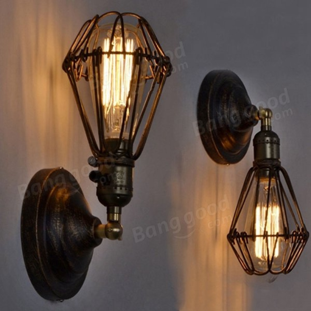 Retro Industrial Vintage Cage E27 Wall Lamp Indoor Bar Ceiling Light - Black - Image 2