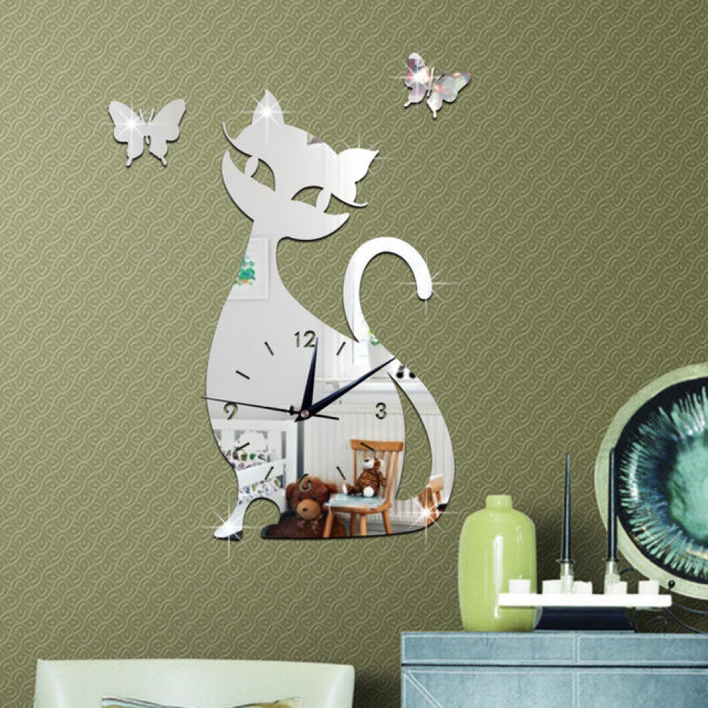 Acrylic Cute Cat Wall Clock Creative Personality Black Cat Wall Clock Simple Fashion Living Room Creative Wall Clock - White acrylic - Image 2